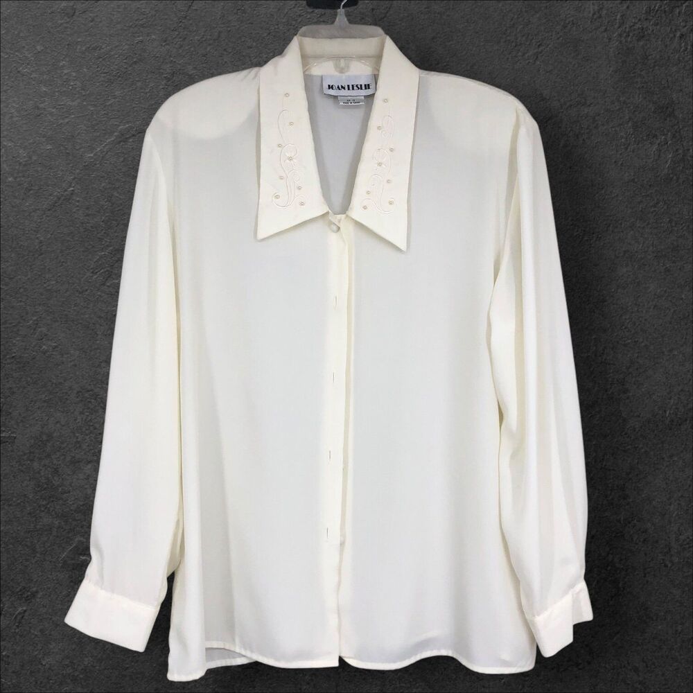Vintage 80s Ivory Poet, Secretary Blouse w/Embroidered & Beaded Collar, SZ 12